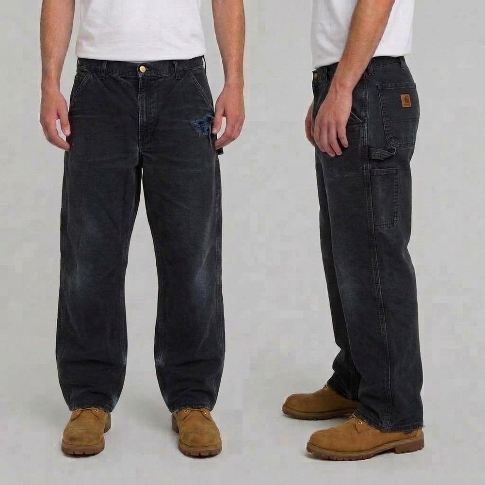 Carhartt Flannel Lined Work Pants Black Faded Distressed Duck Canvas 38x30